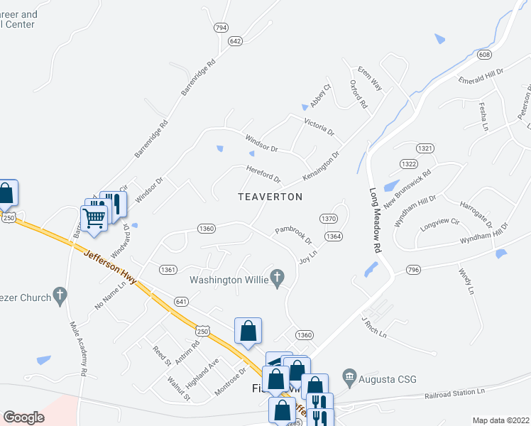map of restaurants, bars, coffee shops, grocery stores, and more near 25 Kensington Drive in Fishersville
