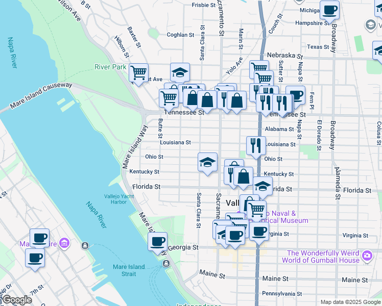 map of restaurants, bars, coffee shops, grocery stores, and more near 324 Ohio Street in Vallejo