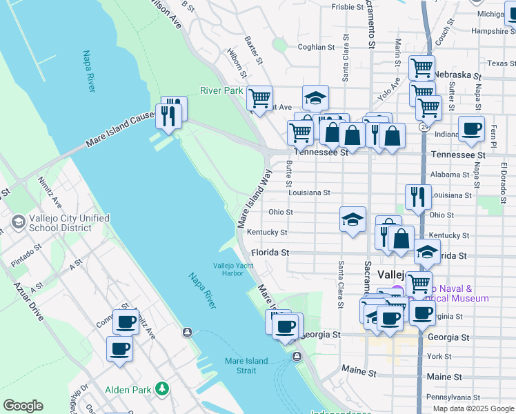map of restaurants, bars, coffee shops, grocery stores, and more near 403 Trinity Street in Vallejo