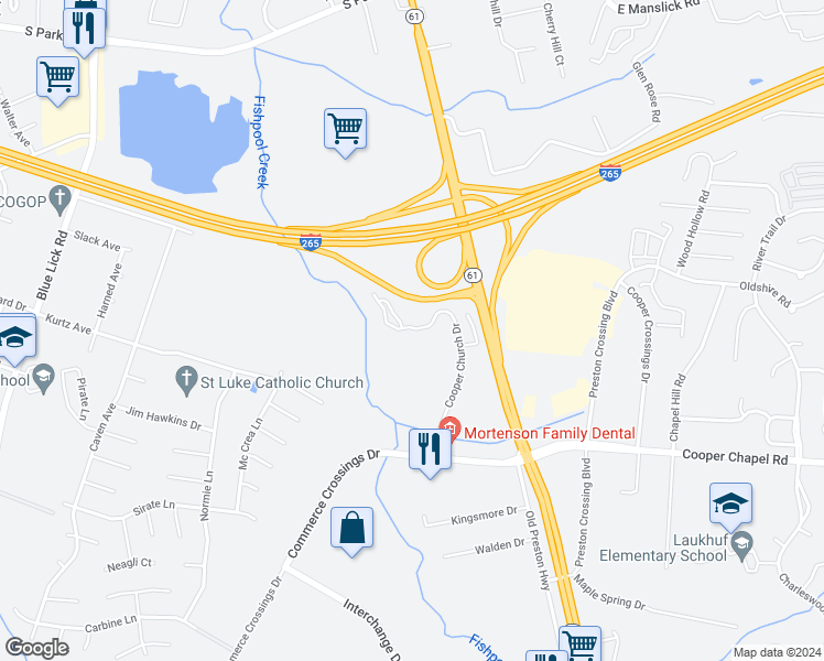 map of restaurants, bars, coffee shops, grocery stores, and more near 9707 Cooper Church Drive in Louisville