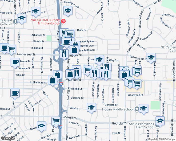 map of restaurants, bars, coffee shops, grocery stores, and more near 749 Vervais Avenue in Vallejo