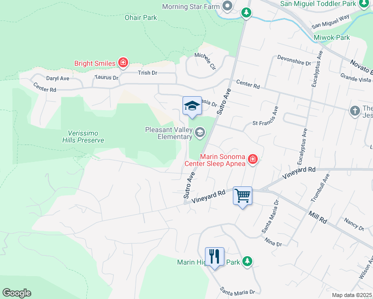 map of restaurants, bars, coffee shops, grocery stores, and more near San Joaquin Place in Novato