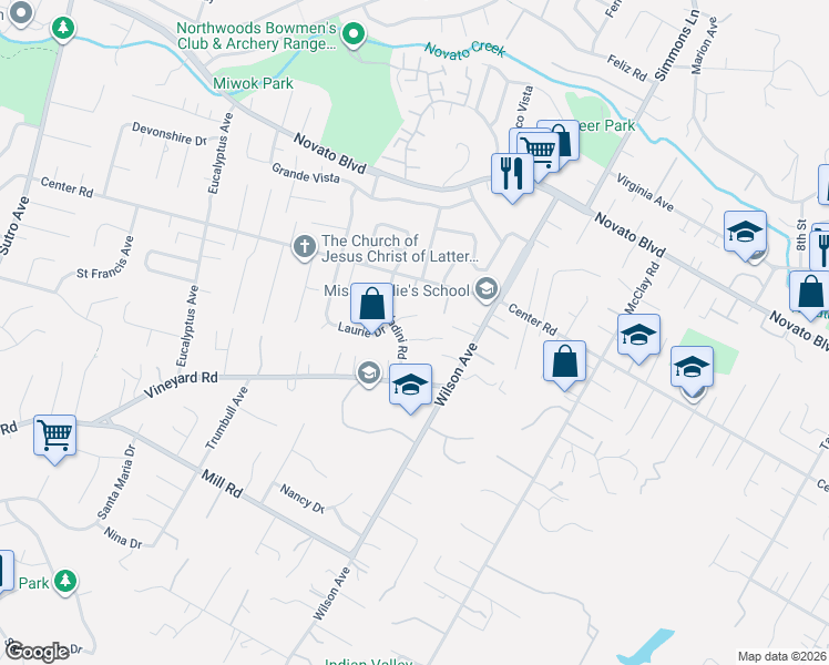 map of restaurants, bars, coffee shops, grocery stores, and more near 15 Hickox Road in Novato