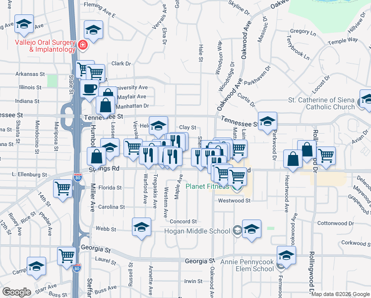 map of restaurants, bars, coffee shops, grocery stores, and more near 101 Ross Street in Vallejo
