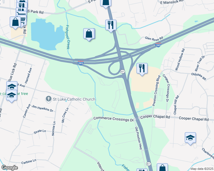 map of restaurants, bars, coffee shops, grocery stores, and more near 9707 Cooper Church Drive in Louisville