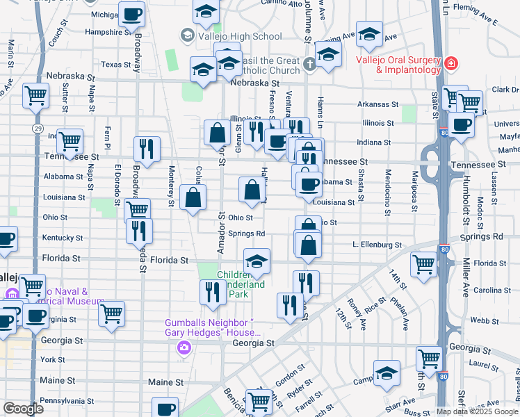 map of restaurants, bars, coffee shops, grocery stores, and more near 35 Halliday Street in Vallejo