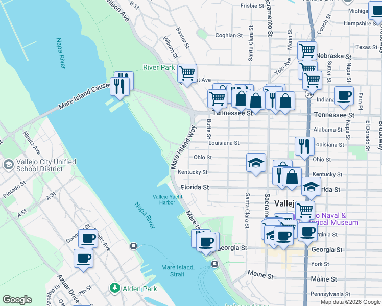 map of restaurants, bars, coffee shops, grocery stores, and more near 403 Trinity Street in Vallejo