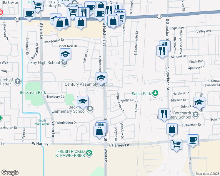 map of restaurants, bars, coffee shops, grocery stores, and more near 402 West Century Boulevard in Lodi