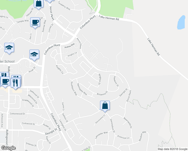 map of restaurants, bars, coffee shops, grocery stores, and more near 17 Brighton Drive in Vallejo