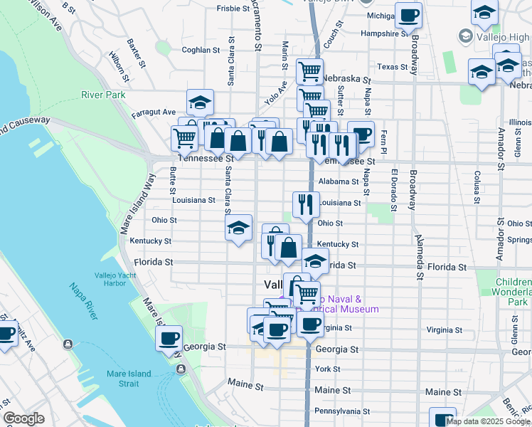 map of restaurants, bars, coffee shops, grocery stores, and more near 516 Overland Al in Vallejo