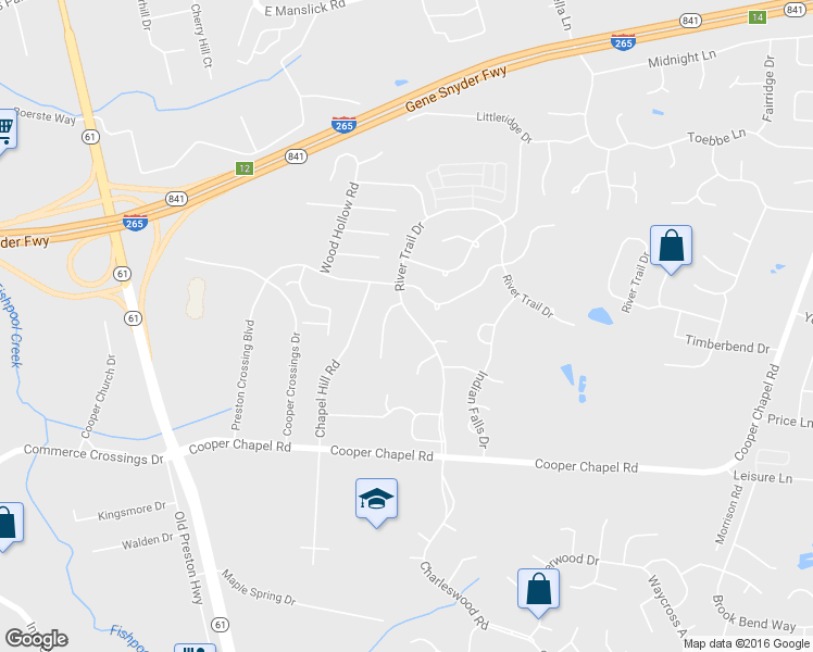 map of restaurants, bars, coffee shops, grocery stores, and more near 9720 River Trail Drive in Louisville