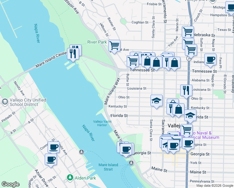 map of restaurants, bars, coffee shops, grocery stores, and more near 403 Trinity Street in Vallejo