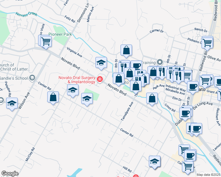 map of restaurants, bars, coffee shops, grocery stores, and more near 1755 Novato Boulevard in Novato