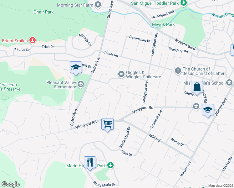 map of restaurants, bars, coffee shops, grocery stores, and more near 2356 Dominic Drive in Novato