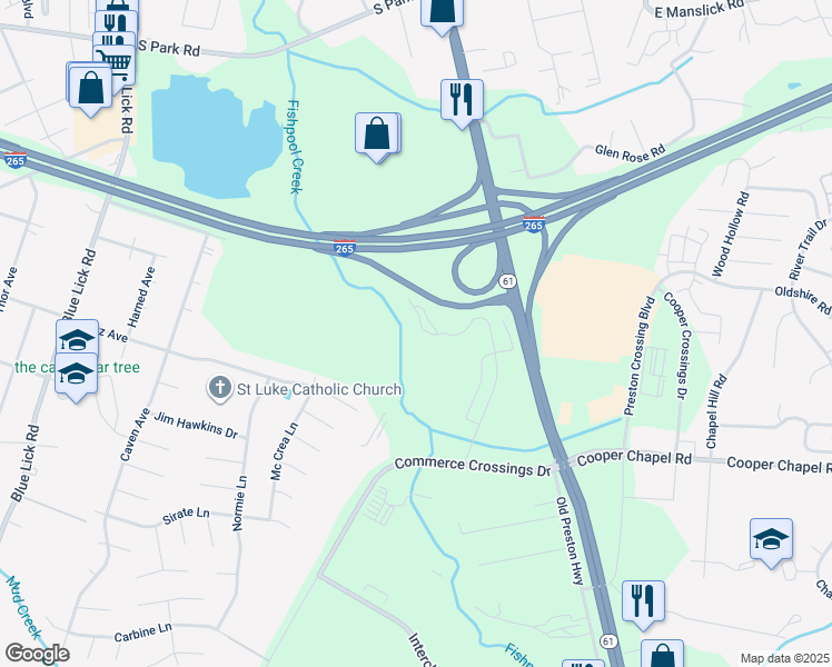 map of restaurants, bars, coffee shops, grocery stores, and more near 9614 Cooper Church Drive in Louisville