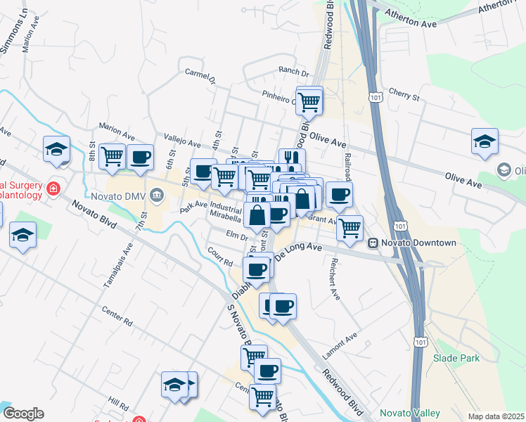 map of restaurants, bars, coffee shops, grocery stores, and more near 7333 Redwood Blvd in Novato
