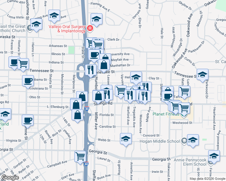 map of restaurants, bars, coffee shops, grocery stores, and more near 1005 Downs Way in Vallejo