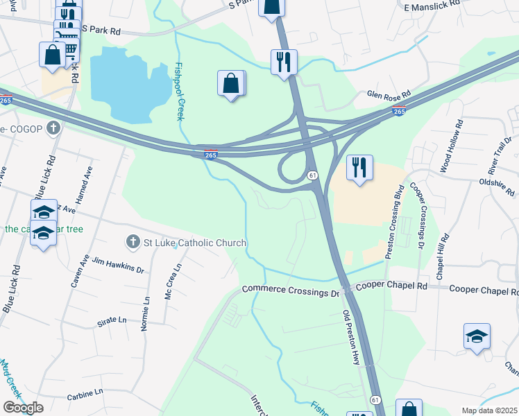 map of restaurants, bars, coffee shops, grocery stores, and more near 9614 Cooper Church Drive in Louisville