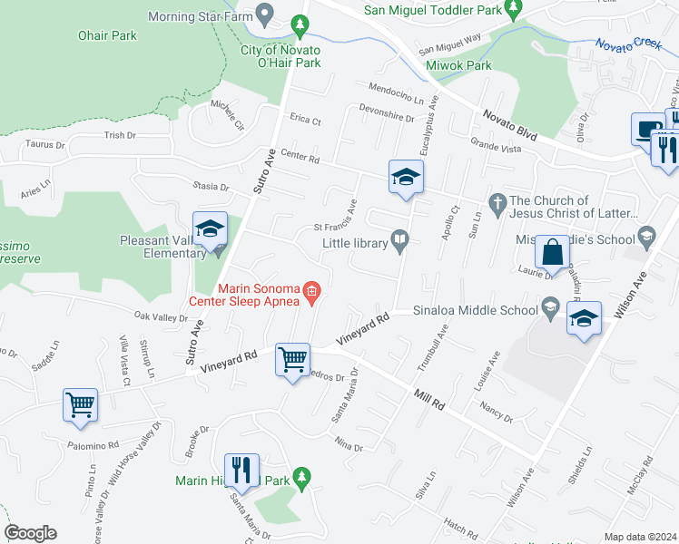 map of restaurants, bars, coffee shops, grocery stores, and more near 2356 Dominic Drive in Novato