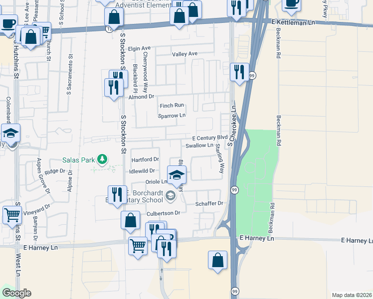 map of restaurants, bars, coffee shops, grocery stores, and more near 418 Swallow Lane in Lodi