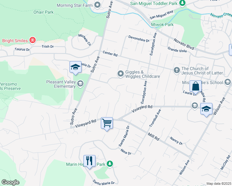 map of restaurants, bars, coffee shops, grocery stores, and more near 2356 Dominic Drive in Novato