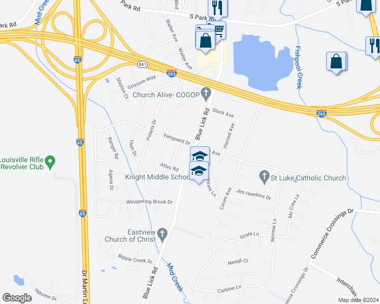 map of restaurants, bars, coffee shops, grocery stores, and more near 9704 Blue Lick Road in Louisville