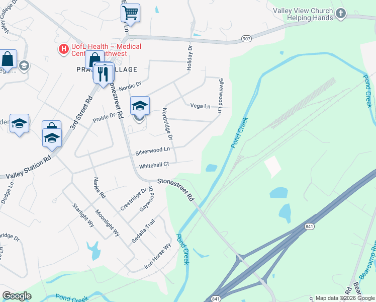 map of restaurants, bars, coffee shops, grocery stores, and more near 9925 Silverwood Lane in Louisville