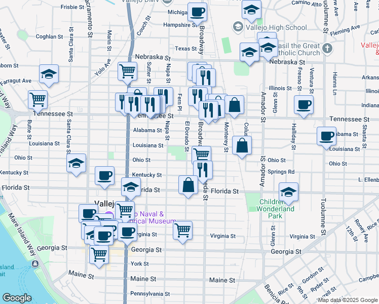 map of restaurants, bars, coffee shops, grocery stores, and more near 1218 El Dorado Street in Vallejo