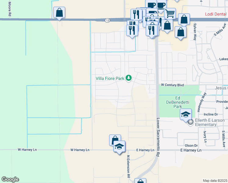 map of restaurants, bars, coffee shops, grocery stores, and more near 2912 Fuchsia Drive in Lodi
