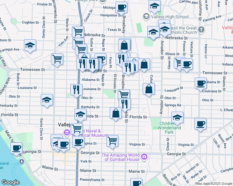 map of restaurants, bars, coffee shops, grocery stores, and more near 1218 El Dorado Street in Vallejo