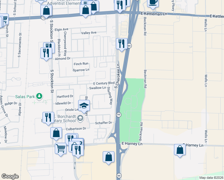 map of restaurants, bars, coffee shops, grocery stores, and more near 2026 Starling Way in Lodi