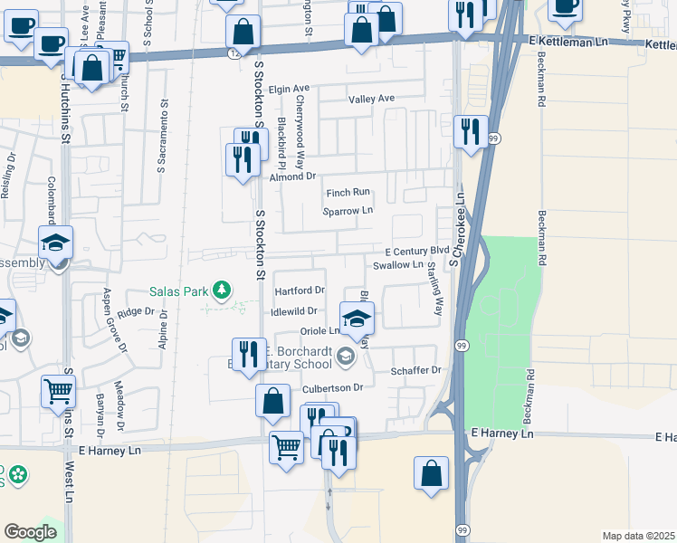 map of restaurants, bars, coffee shops, grocery stores, and more near 2011 Thrush Ct in Lodi