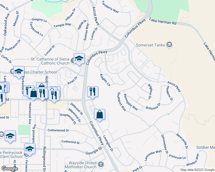map of restaurants, bars, coffee shops, grocery stores, and more near 583 Knights Circle in Vallejo