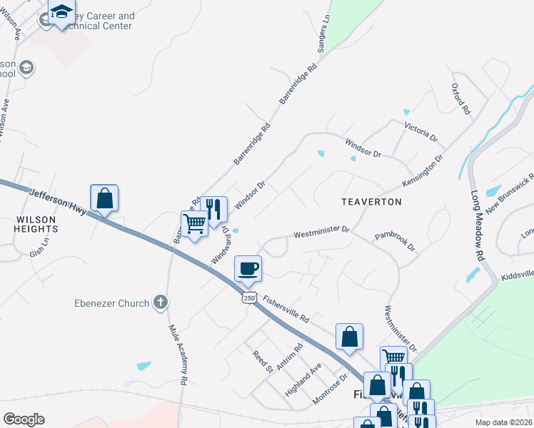 map of restaurants, bars, coffee shops, grocery stores, and more near 34 South Windsong Court in Fishersville