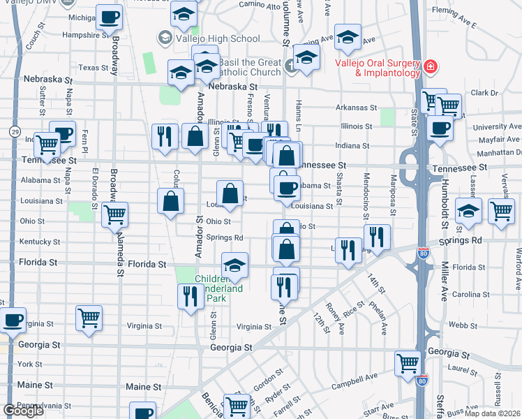 map of restaurants, bars, coffee shops, grocery stores, and more near 226 Cassady Street in Vallejo