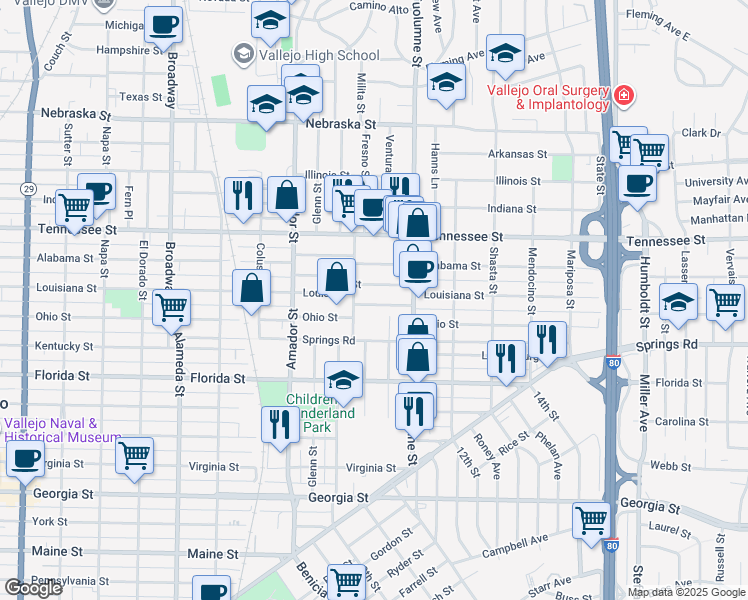 map of restaurants, bars, coffee shops, grocery stores, and more near 220 Cassady Street in Vallejo