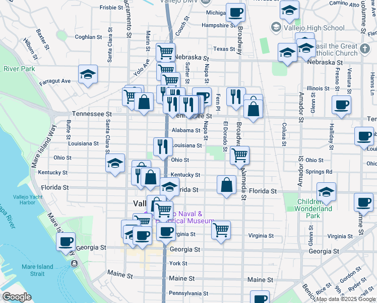 map of restaurants, bars, coffee shops, grocery stores, and more near 1422 Sutter Street in Vallejo