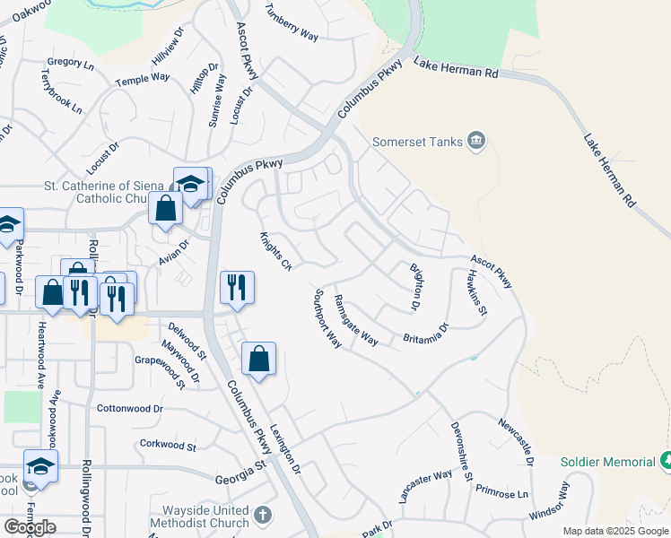 map of restaurants, bars, coffee shops, grocery stores, and more near 785 Knights Circle in Vallejo