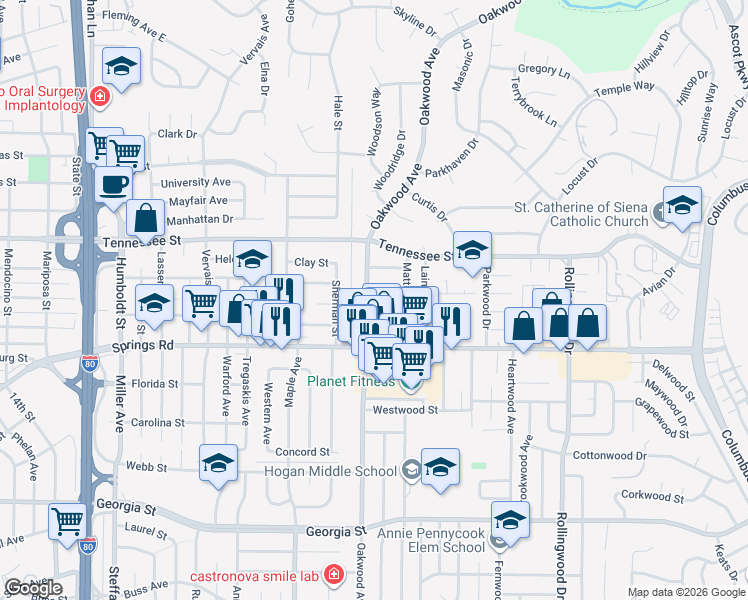 map of restaurants, bars, coffee shops, grocery stores, and more near 120 Maurer Way in Vallejo