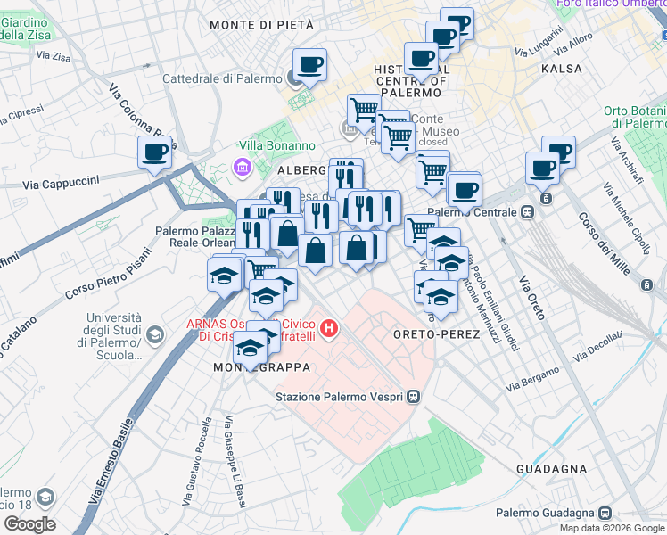 map of restaurants, bars, coffee shops, grocery stores, and more near 32 Via Pietro D'Aragona in Palermo