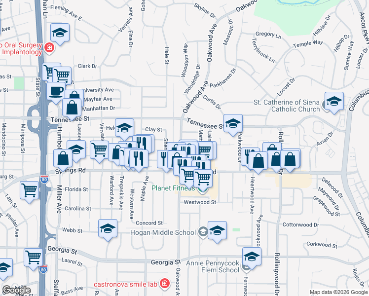 map of restaurants, bars, coffee shops, grocery stores, and more near 120 Maurer Way in Vallejo