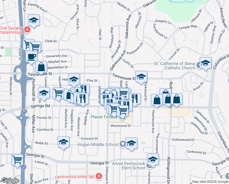 map of restaurants, bars, coffee shops, grocery stores, and more near 120 Maurer Way in Vallejo