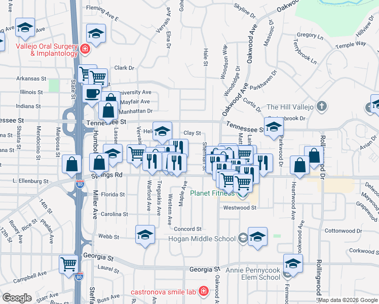 map of restaurants, bars, coffee shops, grocery stores, and more near 108 Ross Street in Vallejo
