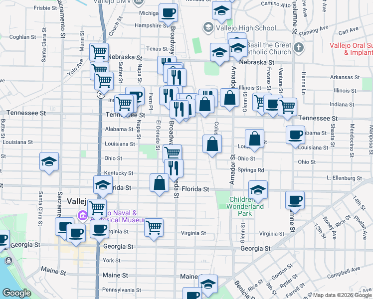 map of restaurants, bars, coffee shops, grocery stores, and more near 1163 Overland Al in Vallejo