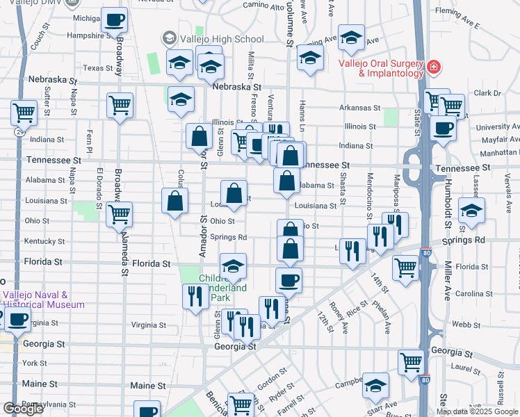 map of restaurants, bars, coffee shops, grocery stores, and more near 220 Cassady Street in Vallejo
