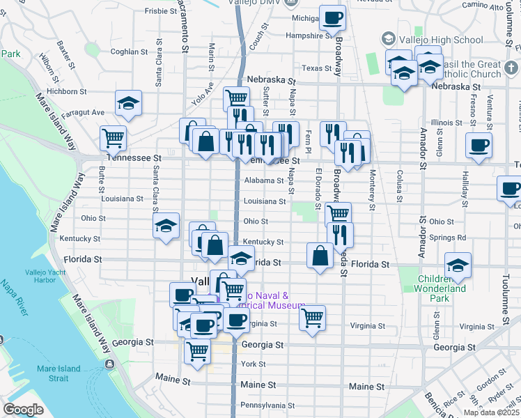 map of restaurants, bars, coffee shops, grocery stores, and more near 1421 Sutter Street in Vallejo