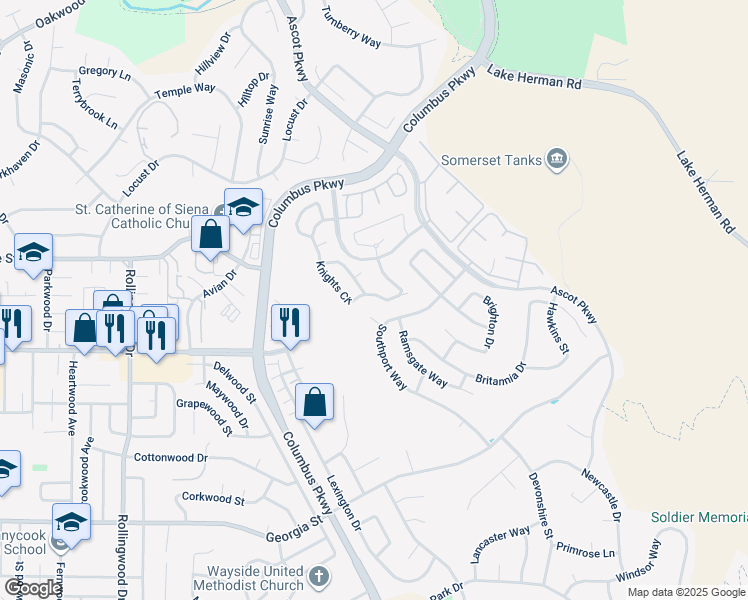 map of restaurants, bars, coffee shops, grocery stores, and more near 715 Knights Circle in Vallejo