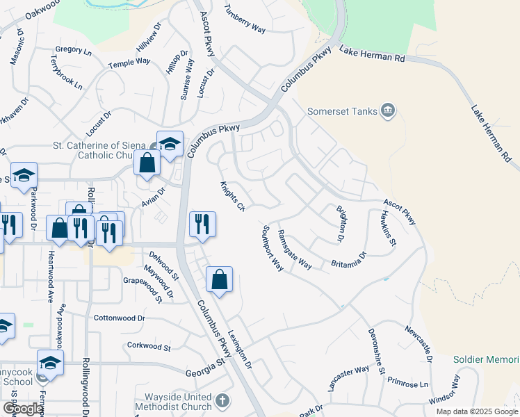 map of restaurants, bars, coffee shops, grocery stores, and more near 715 Knights Circle in Vallejo