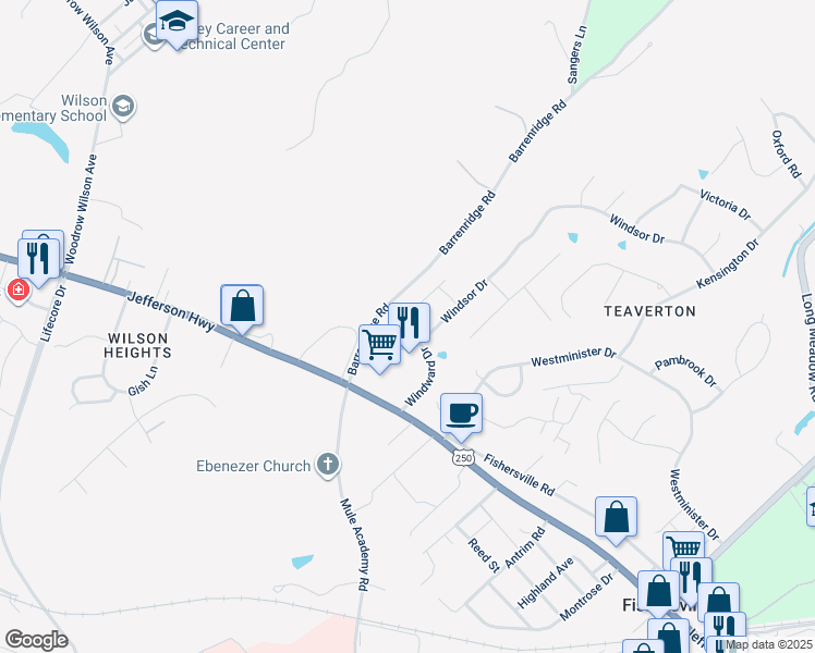 map of restaurants, bars, coffee shops, grocery stores, and more near 33 Windgate Circle in Fishersville