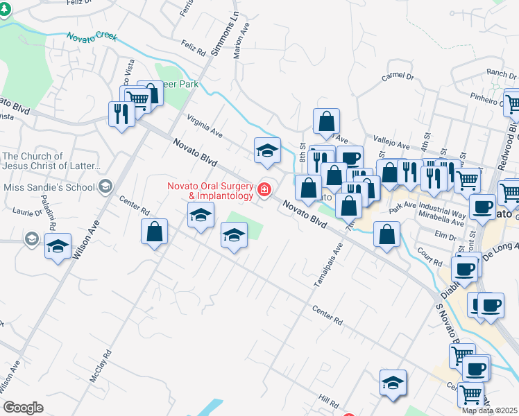 map of restaurants, bars, coffee shops, grocery stores, and more near 1807 Novato Boulevard in Novato